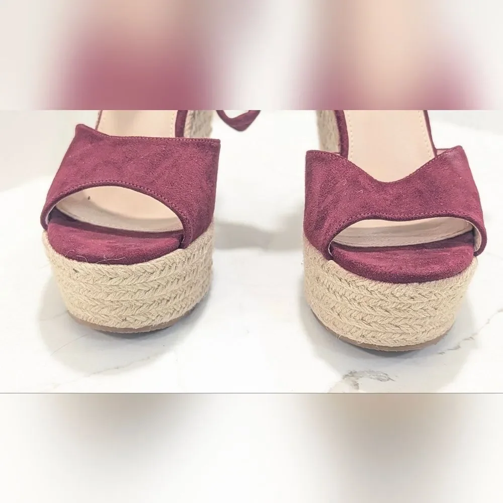 Alegra K High Heel Espadrilles Platform Strapy Tie Burgundy Suede Shoe Wedge 8.5